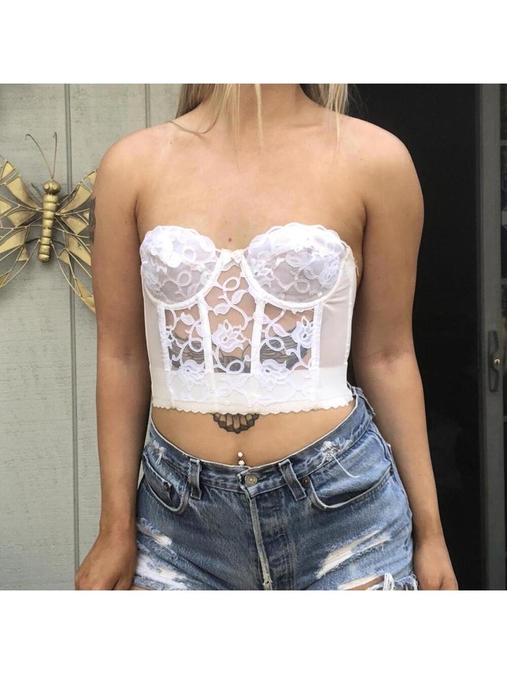 Vintage 90s Cream Lace Floral Bustier Top Valmont Sz 34B Lingerie Corset USA